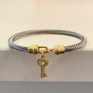 2-TONES PLATED CABLE CUFF BRACELET WITH CHARM